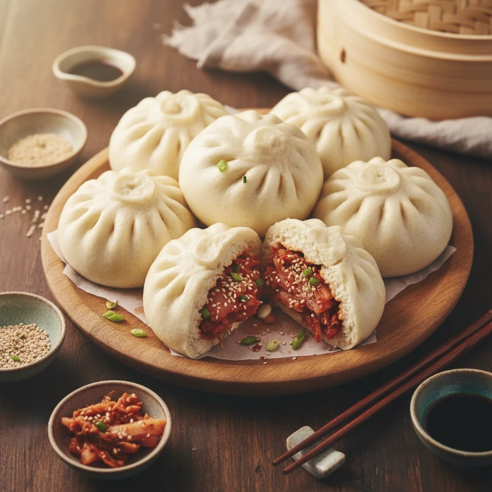Frisch gedämpfte, weiße Hefeklöße (Baozi) auf einem Holzbrett; der vorderste Kloß ist aufgeschnitten und offenbart eine rote Kimchi-Füllung
