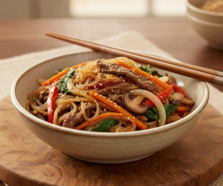 Glasnudelsalat mit Rindfleischstreifen, feinen Möhren, Paprika und gestreiften Shiitakepilzen, garniert mit Zwiebeln und Sesam