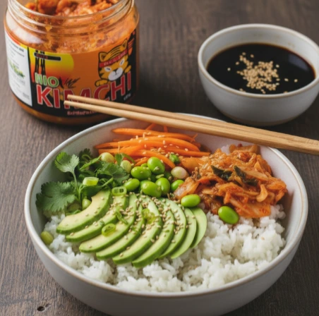 Bunte Bowl mit kunstvoll aufgefächerter Avocado, PANJANS Kimchi, Edamame und knackigen Gemüsestreifen auf einem Bett aus fluffigem Reis