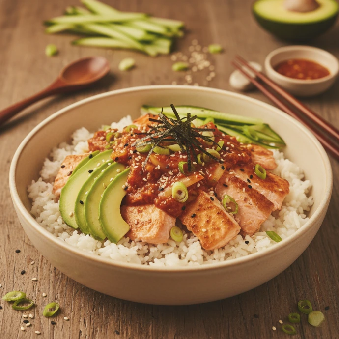Bunt angerichtete Reisschüssel mit Lachs-Würfeln, Avocado-Spalten und rotem Kimchi, bestreut mit feinem Seetang und Sesamsamen