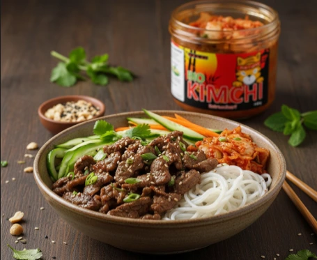 Fusion-Küche: Kimchi Bulgogi Bo Bun mit mariniertem Rindfleisch, Reisnudeln und PANJANS Kimchi – ein frischer asiatischer Klassiker neu interpretiert