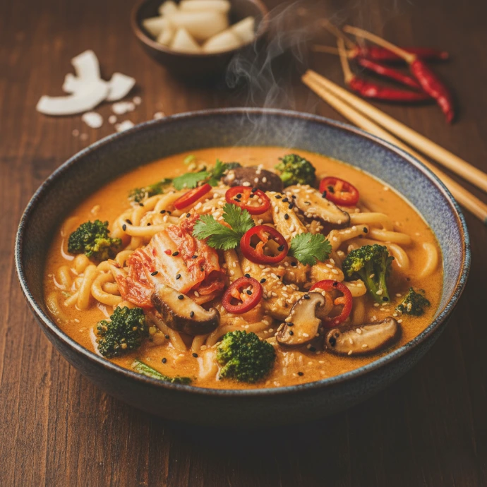 Kimchi-Curry-Nudeln mit Kokosmilch Cremige Kimchi-Curry-Udon-Nudeln mit Kokosmilch, Brokkoli und Shiitake-Pilzen, abgerundet mit frischer Chili – ein würziges PANJANS Fusion-Rezept für jeden Tag