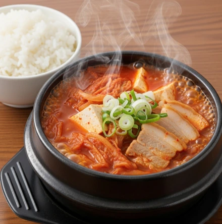 Authentischer koreanischer Kimchi-Eintopf (Kimchi Jjigae) mit zartem Schweinebauch und einer Schale Reis – ein wärmendes Hauptgericht von PANJANS