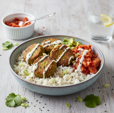 Goldgelb gebratene Falafel auf Reis mit einer Beilage aus fermentiertem Kimchi, frischer Avocado und einem Schuss weißem Joghurt-Dressing
