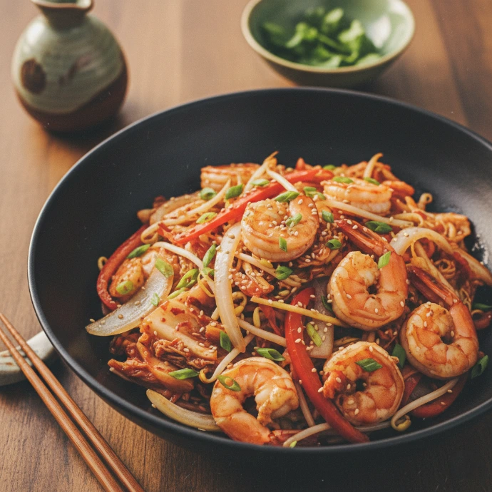 Wok-Pfanne mit Garnelen, roten Paprika- und Zwiebelstreifen, verfeinert mit würzigem PANJANS Kimchi