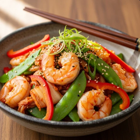 Schnelles Wok-Rezept: Kimchi-Gemüse-Pfanne mit Garnelen, Zuckerschoten und Paprika von PANJANS – gesundes asiatisches Low-Carb-Gericht