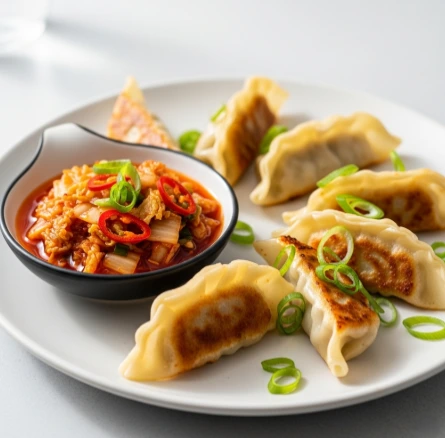 Kimchi-Hackfleisch-Teigtaschen (Gyoza) mit Dip Goldbraun gebratene Teigtaschen gefüllt mit würzigem Hackfleisch und PANJANS Kimchi, serviert mit einer Schale würzigen Dip
