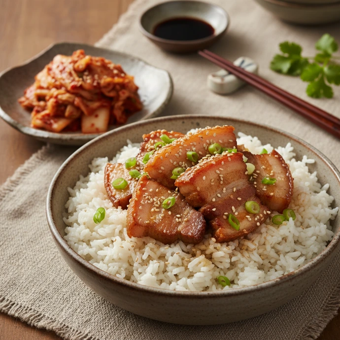 Knuspriger Schweinebauch in Scheiben auf Reis serviert, dazu eine Schale PANJANS Kimchi – asiatisches Hauptgericht und Crispy Pork Belly Rezept