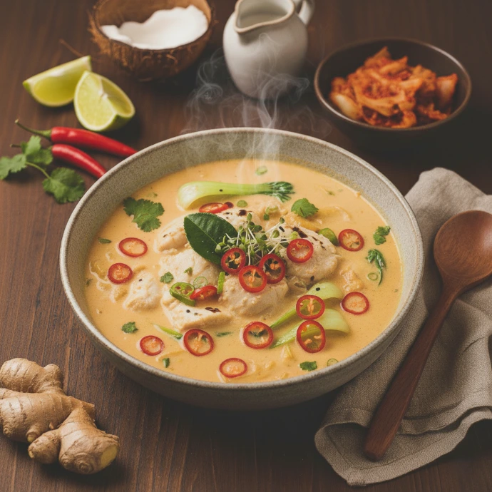 Asiatische Kokos-Limetten-Fischsuppe mit frischem Koriander, Chili und Limetten, serviert mit einer Beilage aus würzigem PANJANS Kimchi
