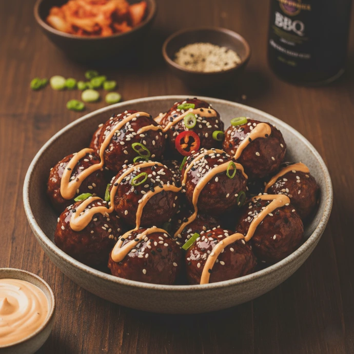 Koreanische BBQ Fleischbällchen mit cremiger PANJANS Kimchi-Mayonnaise, garniert mit frischen roten Chilischeiben und asiatischen Gewürzen