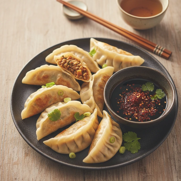 Koreanische Teigtaschen (Mandu); gefüllt mit Kimchi-Hackfleisch Gebratene koreanische Mandu Teigtaschen mit einer Füllung aus PANJANS Kimchi und Hackfleisch, serviert mit einem würzigen Dip aus Crispy Chili Oil