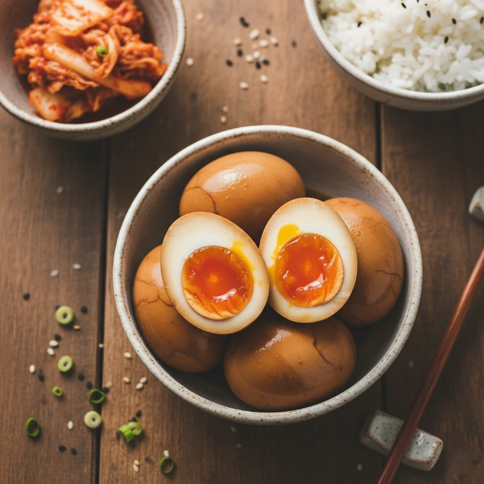 Wachsweich gekochte Miso-Eier mit flüssigem Eigelb, serviert mit würzigem PANJANS Kimchi als Beilag