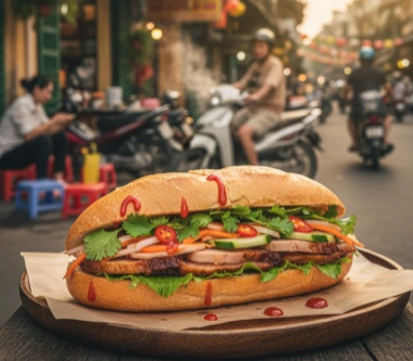 Knuspriges vietnamesisches Banh Mi Baguette, reichhaltig belegt mit saftigem Fleisch, eingelegtem Gemüse, frischen Kräutern und scharfer Soße