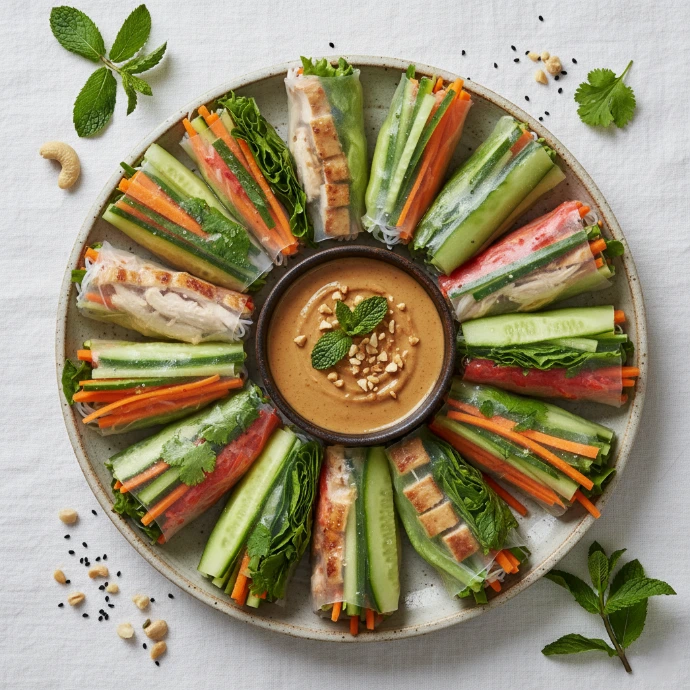 Bunte vietnamesische Sommerrollen mit Fleisch und Tofu, kreisrund angerichtet um eine Schale mit cremigem Erdnussdip