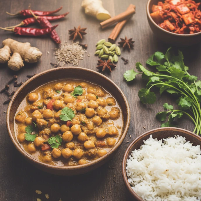 Herzhaftes Kichererbsen Curry mit Kokosmilch und indischen Gewürzen, serviert mit fluffigem Reis und einer Beilage aus würzigem PANJANS Kimchi