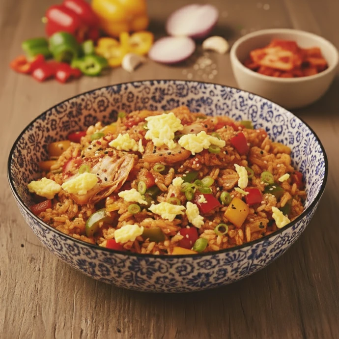 Würziger Kimchi-Bratreis aus der Pfanne mit PANJANS Kimchi, Karotten, Paprika und frischen Frühlingszwiebeln für eine gesunde asiatische Küche