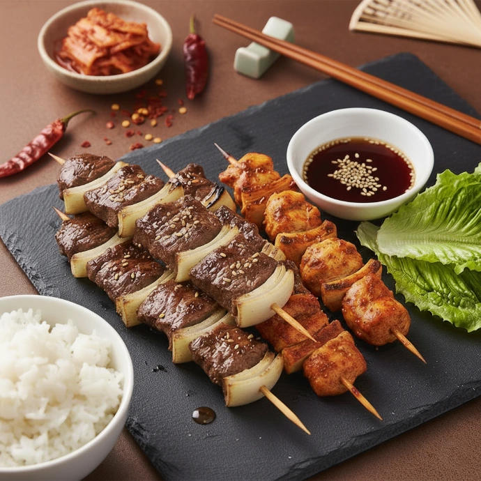 Grillspieße mit Rindfleisch Bulgogi und Hähnchen in Kimchi Marinade auf einer dunklen Schieferplatte