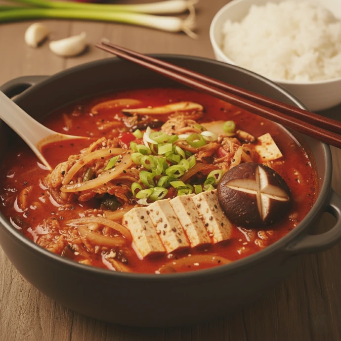 Kimchi-Eintopf mit Tofuscheiben, Shiitakepilzen in einer dunklen Schüssel und einer Schale mit Reis