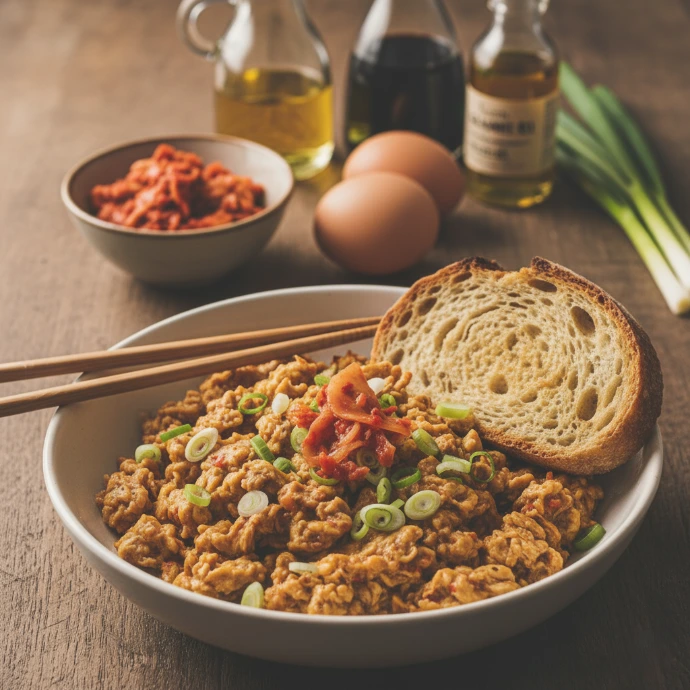 Würziges Kimchi-Rührei in einer Schale serviert mit einer Scheibe geröstetem Bauernbrot