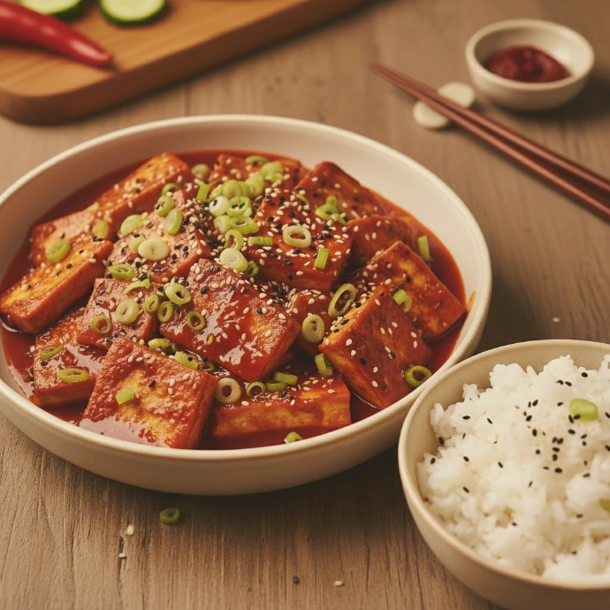 Gebratener Tofu in würziger Kimchi Marinade serviert mit einer Schüssel fluffigem Reis