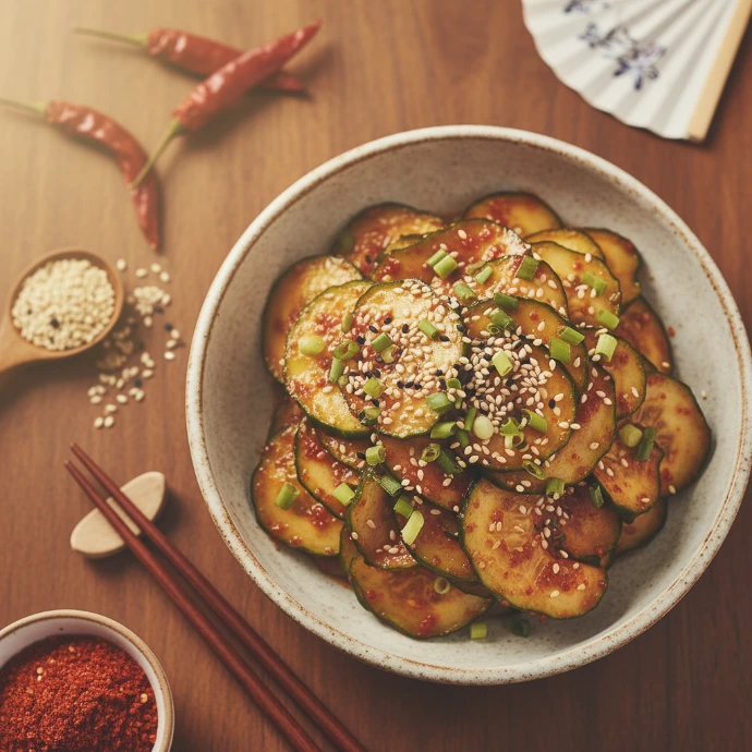 Scharfer koreanischer Gurkensalat mit Chili in einer Schüssel
