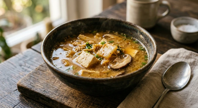 Kimchi-Miso-Suppe mit Tofu, Shiitake-Pilzen und PANJANS Kimchi in einer Keramikschale. Kimchi-Miso-Suppe mit Tofu, Shiitake-Pilzen und PANJANS Kimchi in einer Keramikschale.