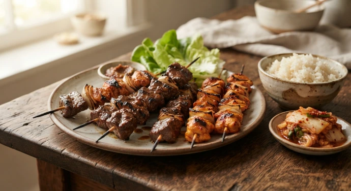 Koreanische Grillspieße mit Bulgogi-Marinade, Kimchi-Hähnchen, Reis und PANJANS Kimchi Koreanische Grillspieße mit Bulgogi-Marinade, Kimchi-Hähnchen, Reis und PANJANS Kimchi