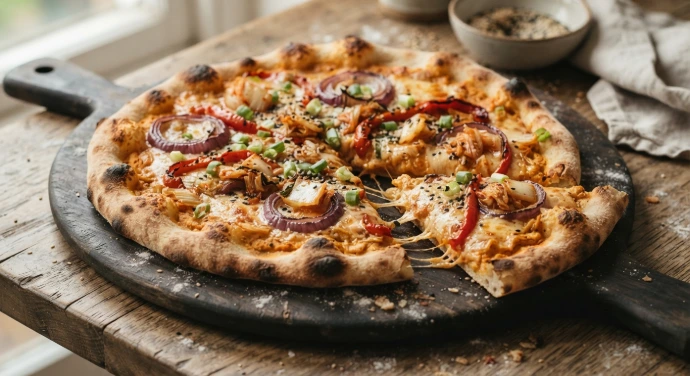 Knusprige Pizza mit Kimchi-Pesto, Mozzarella, Paprika und PANJANS Kimchi Knusprige Pizza mit Kimchi-Pesto, Mozzarella, Paprika und PANJANS Kimchi